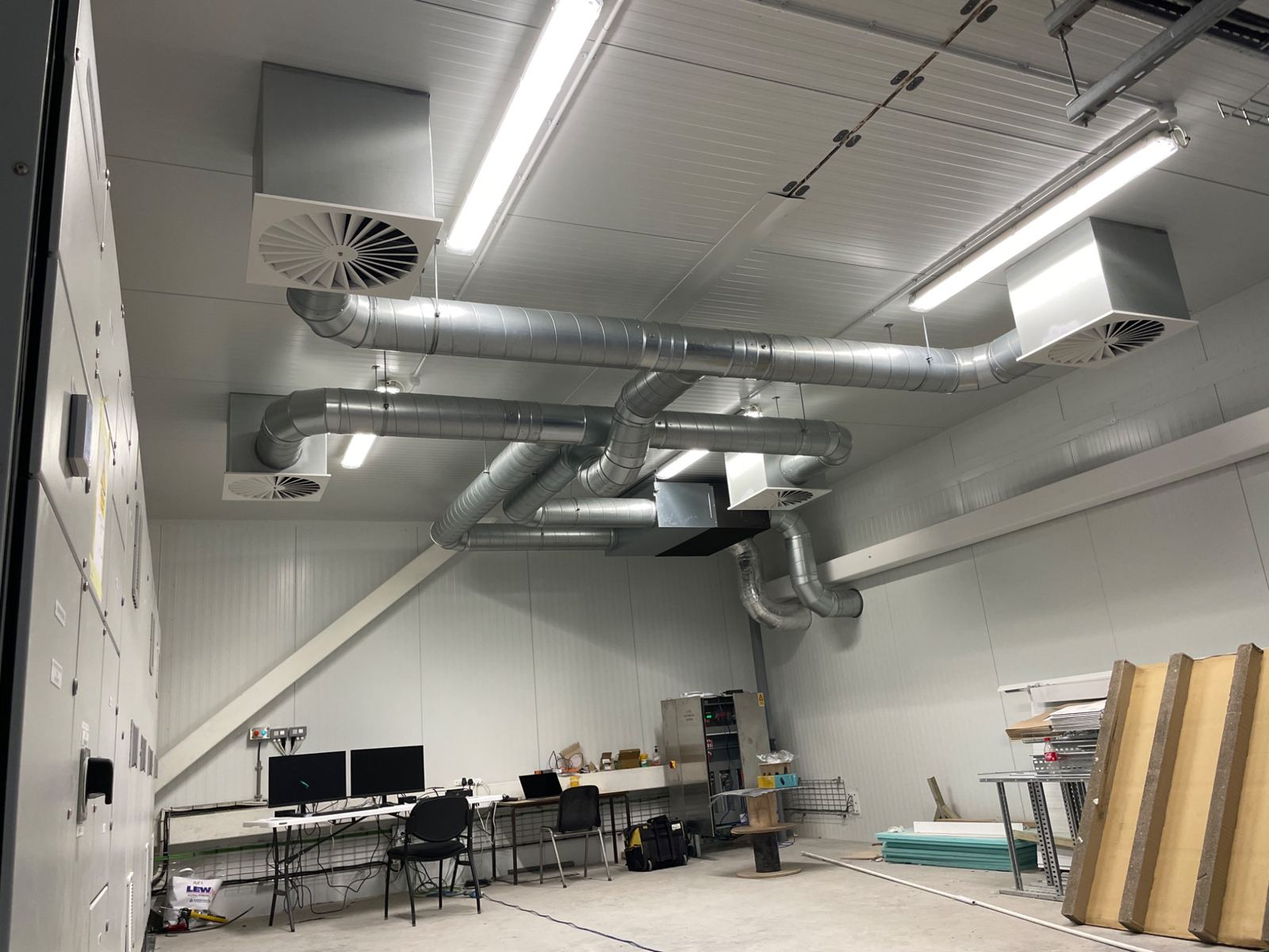 Installed spiral ductwork and diffusers